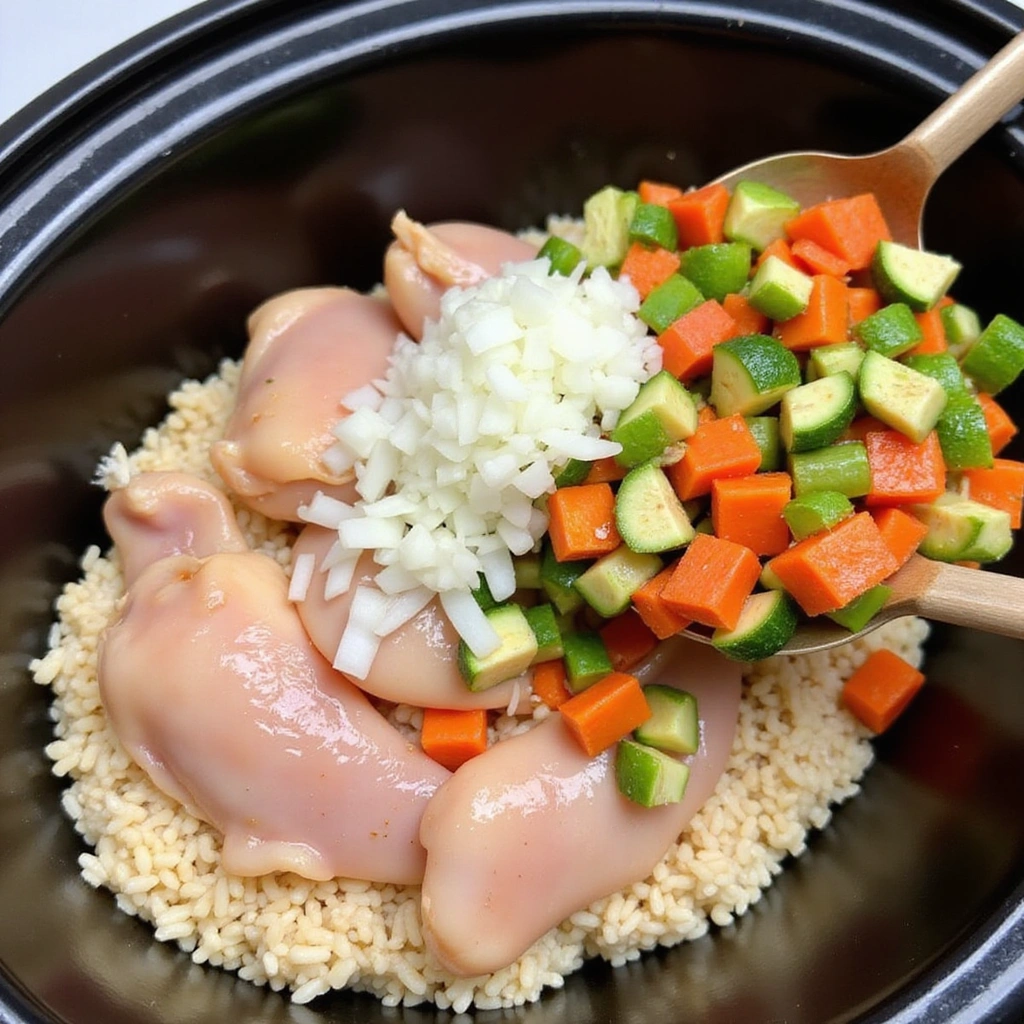 Chicken and Rice Casserole Recipes Crockpot Slow Cooked Step 4 Mix Vegetables