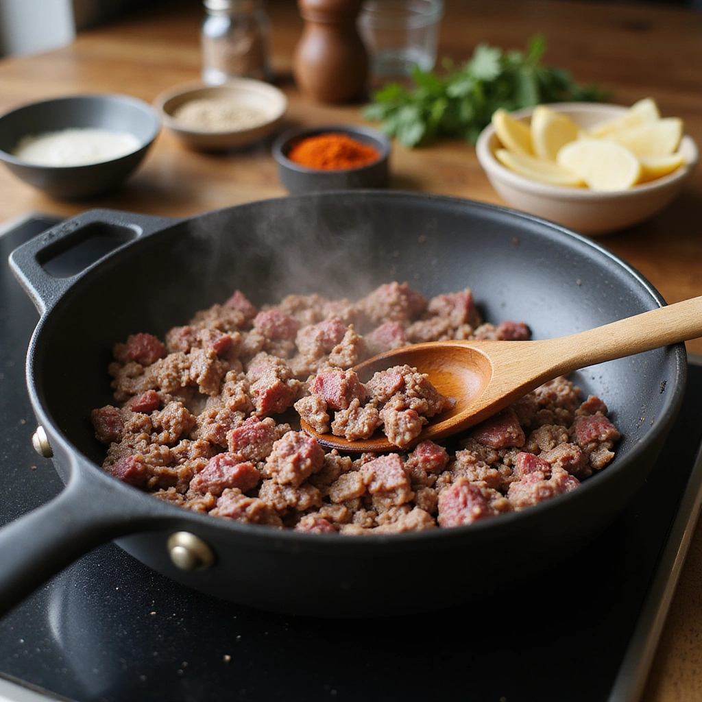 Hamburger Tater Tot Casserole Recipes Kid Friendly Dinner Step 2 Brown the Ground Beef
